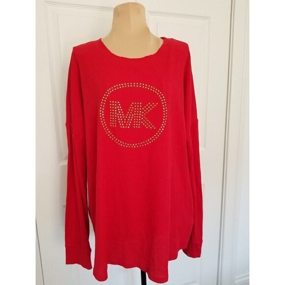 Michael Michael Kors Women's Waffle-Knit Top Red Gold Tone Stud Logo Size L - Picture 1 of 8